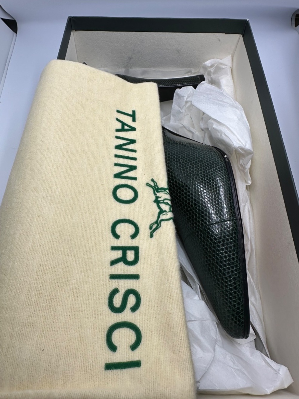 NIB Tanino Crisci Princess Iguana Kangaroo Leather Heels Green 38.5 / US 8.5